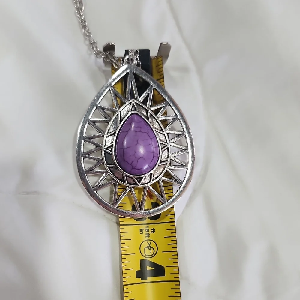 Silver and Purple Teardrop Pendant Necklace